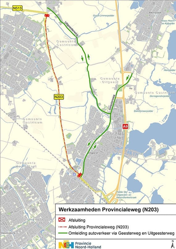 De omleidingsroute in beeld. Afbeelding: Provincie Noord-Holland